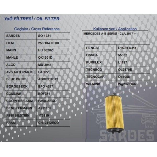 SARDES SO1221 YAG FILTRESI M256. OM654 W177 18> W247 18> W205 18> C257 18> W213 18> W223 20> V167 18> VITO W447 19> 