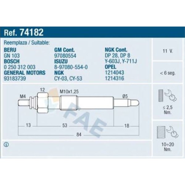 FAE 74182 Kızdırma Bujisi Corsa B Astra F Kadett E 1.6 1214085