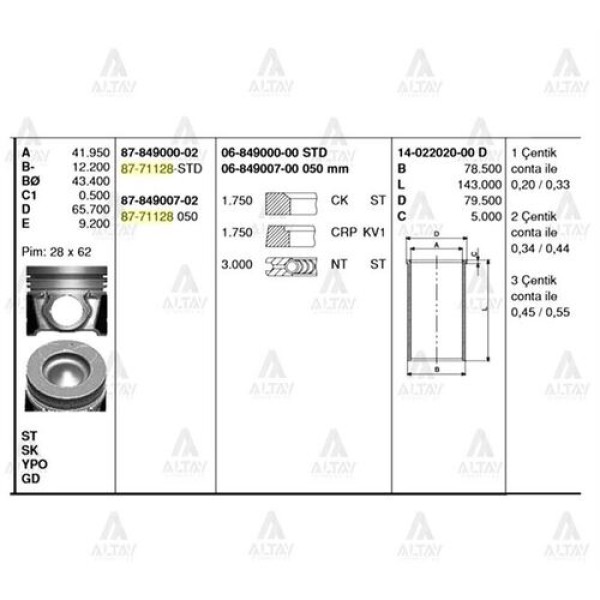 Goetze 06-849000-00 Motor Segman STD Accent Era 1.5 CRDI 2006-Kia Cerato-Rio 1.5 CRDI 2006-75mm 230402A900 