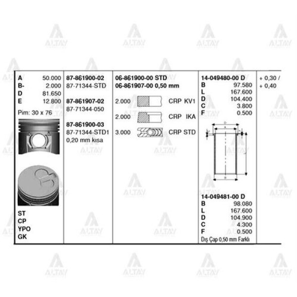 Goetze 06-861900-00 Segman Kia Bongo Pregio 2.7 96 94.50mm 2X2X3 K6Z111SCO 