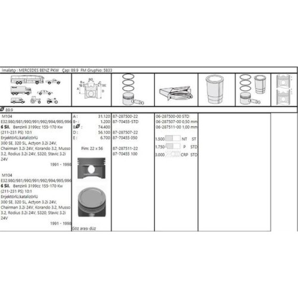 Goetze 87-70455-050 Piston Segman 0.50mm (M104 90.40mm) W124 93-95 S124 93-96 C124 93-97 A124 93-98 W140 91-97 A1040301218 