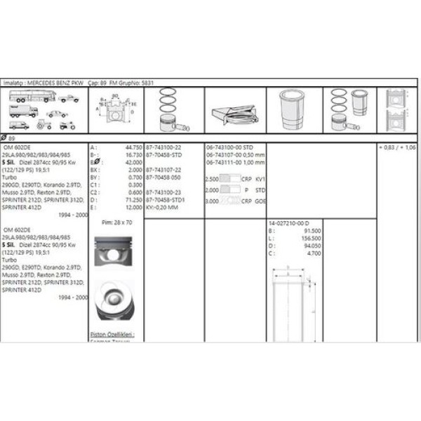 Goetze 87-70458-STD1 Piston Segman Sekmanlı Mercedes Sprt.212.312.412 Om.602 94.95- A6020301017 
