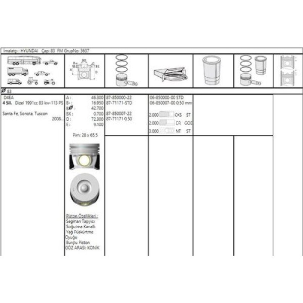 Goetze 87-71171-STD Motor Piston Segman STD Hyundai Sonata Santa Fe 2.0 CRDI Vgt Piston 83mm 2304027950 