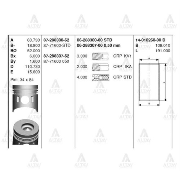 Goetze 87-71600-STD Piston+Segman-STD 104 Mitsubishi Canter-515-Canter-635 98-04 4D31 8771600STD 