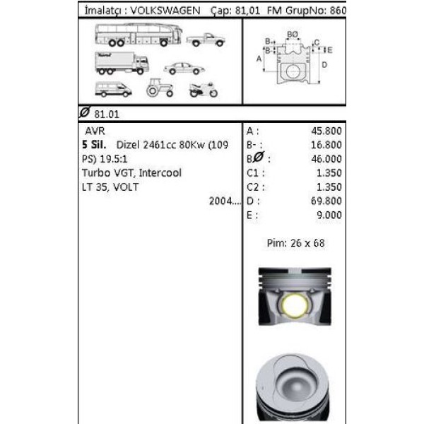 Goetze 87-72178-STD Piston Segman 81.01mm STD Lt28 LT35 Lt46 2.5 109 Ps 5 Silindir AVR Bbr 074107065R001 