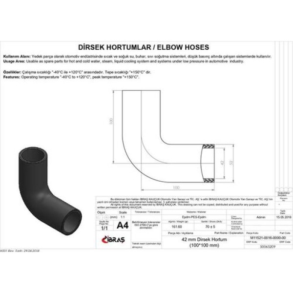 İbraş 65209 42mm 52mm 10Cm 10Cm Dırsek Hortumu Sıcak ve Soguk Su Kullanımı İçin 