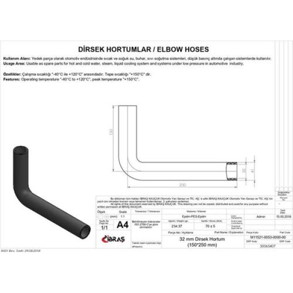 İbraş 65407 32mm 41mm 15Cm 25Cm Dırsek Hortumu Sıcak ve Soguk Su Kullanımı İçin