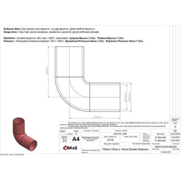 İbraş 65798 3 Kat Polyesterlı Silikon Q 75mm 15Cm 15Cm Dırsek Hortumu