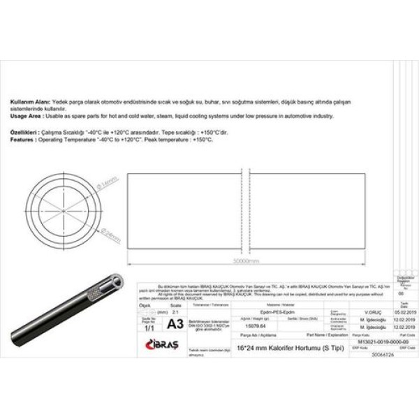 İbraş 66126 Kalorifer Hortumu 16mm 24mm (1 Mt) 65503 5 8 İnç Epdm Epdm