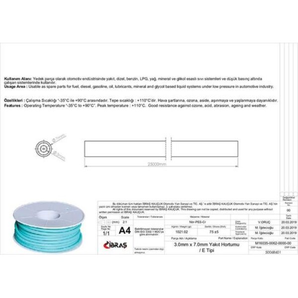İbraş 68601 3x7mm Üniversal Yakıt Hortumu (Makaralı) E Tipi Yeşil Renk Tır