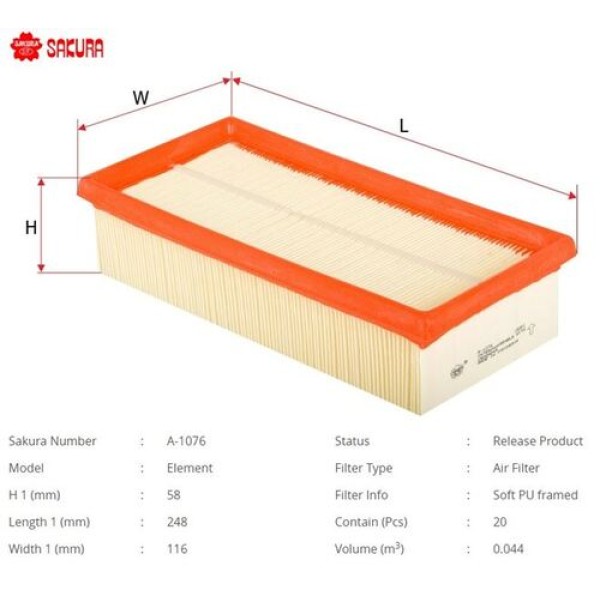 Sakura A1076 Hava Filtresi.Japon Colt(Z3) Smart 454 04-12 1.3 1.5 1.5 Dı-D 04-11 1500A094 
