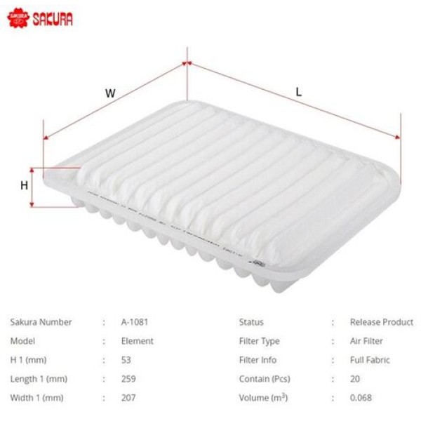 Sakura A1081 Hava Filtresi.Japon Lancer(Cy) ASX(Ga) 1.6 12-Outlander(Gf) 2.0 13-1.6 12- MR968274 