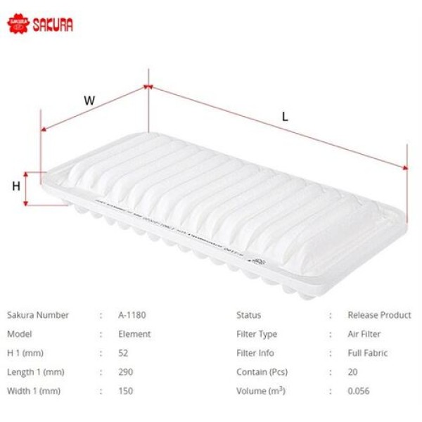 Sakura A1180 Hava Filtresi.Japon Corolla(E12) Avensis(T25) 1.6-1.8-2.0 03-08 Verso(E12 R1) 1.6-1.8 02-08 1.4 1.6 02-05 1780122020