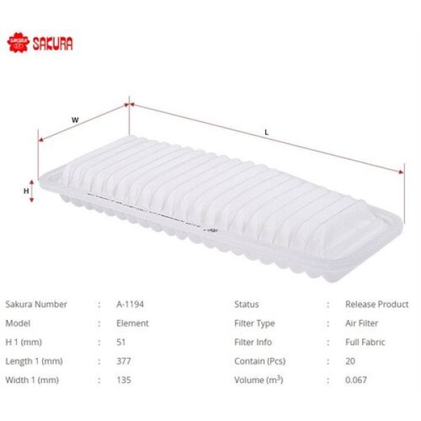 Sakura A1194 Hava Filtresi.Japon RAV4(A2) 2.0 01-04 1780128010 