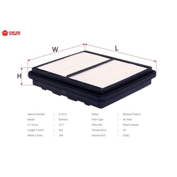 Sakura A1613 Hava Filtresi.Japon Civic(Eh Eg) Civic(Ma Mb) HB 5 Kapı 1.4-1.6 95-98 1.6 92-94 17220P07T00