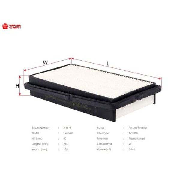 Sakura A1618 Hava Filtresi.Japon Accord(Cb cc Ce) 2.0 90-97 17220PT2000