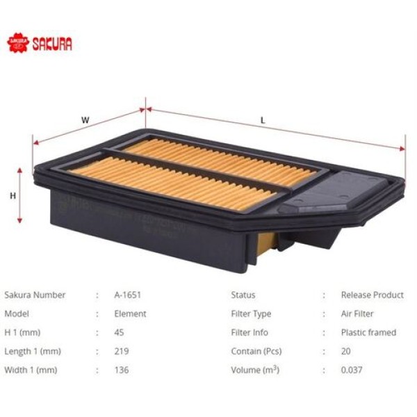 Sakura A1651 Hava Filtresi.Japon City(Ge) 1.4 06-07 17220REAZ00 