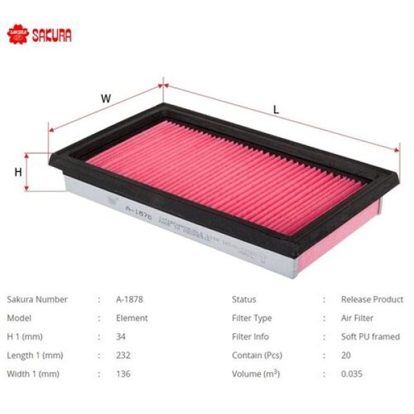 Sakura A1878 Hava Filtresi Soft Tip Metal Çerçeve Japon Qashqai(J10) Note(E11) 1.6 06-13 Micra(K12) 1.6 05-10 1.5 DCI 07-12 16546ED000 