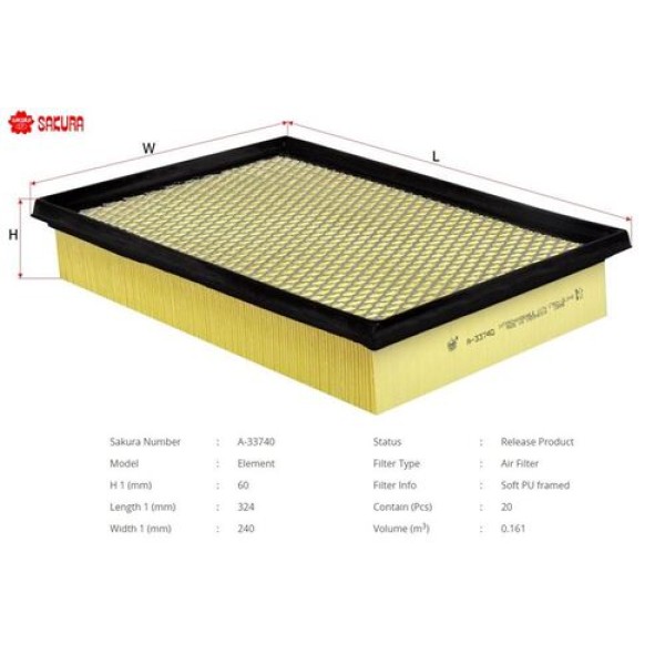 Sakura A33740 Hava Filtresi.Japon Hilux(Gun135 Gun125 Gun126) 2.4D 2.8D 15- 178010L040 