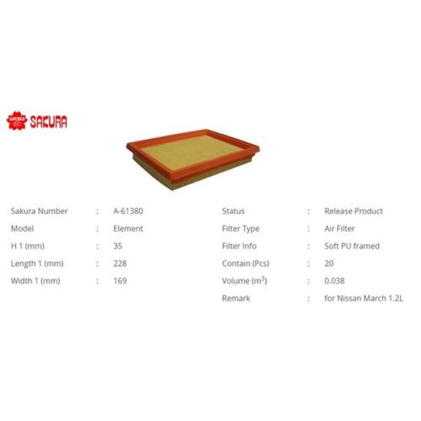 Sakura A61380 Hava Filtresi.Japon Micra(K13) Note(E12) 1.2 14-1.2 11- 165461HC2A