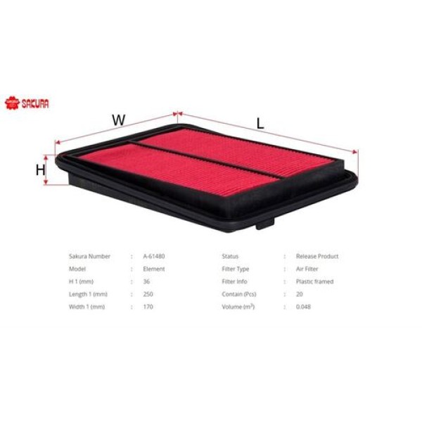 Sakura A61480 Hava Filtresi.Japon Qashqai(J11) XTrail(T32) 1.6 DCI 14-Kadjar 15-1.2 Dıgt 1.5 DCI 1.6 DCI 14- 165464BA1A
