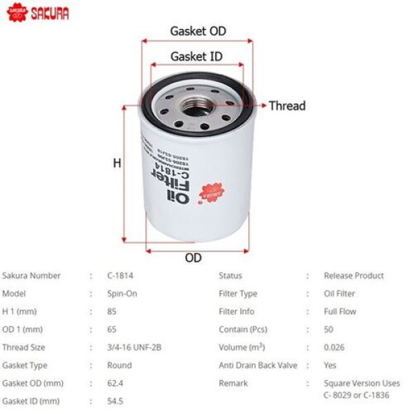 Sakura C1814 Yağ Filtresi.Japon Micra(K11 K12) Note(E11) 1.4 06-13 1.0 1.3 1.2 1.4 92-9 1520870J00 