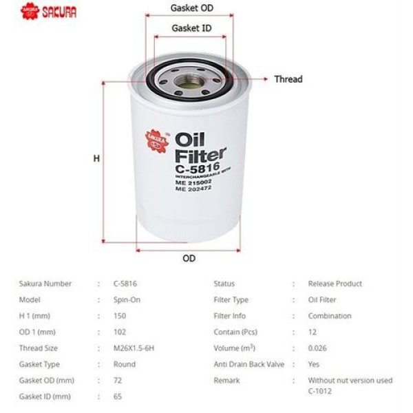 Sakura C5816 Yağ Filtresi Canter FE659 Fe859 Turbo ME215002