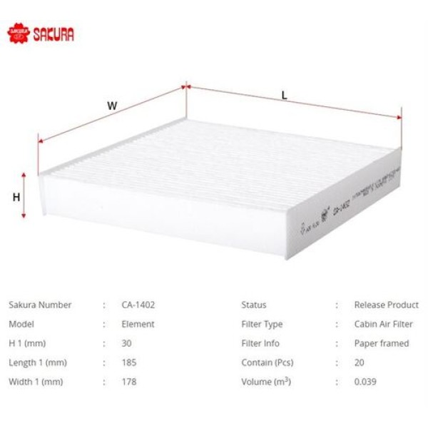 Sakura CA1402 Polen Filtresi.Japon Swift(Mz Ez Nz) SX4(Ey) 1.6-1.6 DDIS 10-13 Terios(J2) 1.3-1.5 06-1.3 1.5 1.6 1.3 DDIS 05-15 9586062J00 