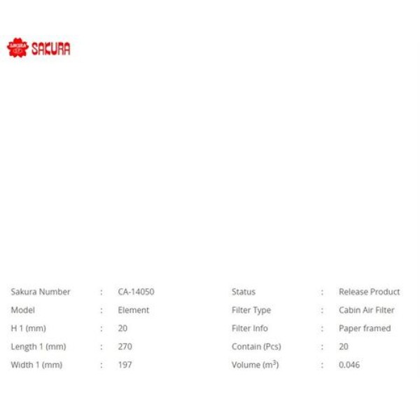 Sakura CA14050 Polen Filtresi.Japon Grand Vitara(Jt) 1.6 2.0 1.9 DDIS 06-14 9586164J00 