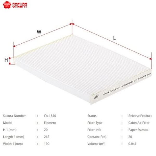 Sakura CA1810 Polen Filtresi.Japon Qashqai(J10) XTrail(T31) 07-13 1.6 2.0 1.5 DCI 1.6 DCI 2.0 DCI 07-12 27277EN000 