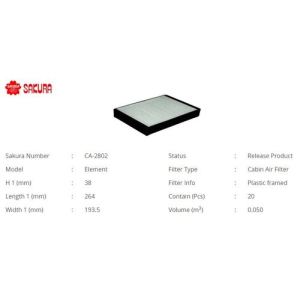Sakura CA2802 Polen Filtresi Klima Filtresi Kore Sonata-Santa Fe 00-05-Sorento Benzin-Dizel 1998-2003 9761938000