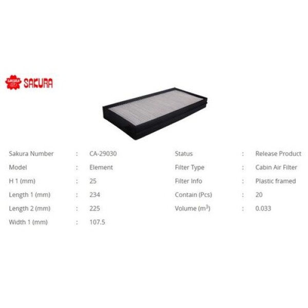 Sakura CA29030 Polen Filtresi.Kore Rio-Clarus-Shuma Benzin 2000-2004 97619FD200