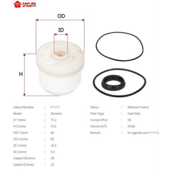 Sakura F1111 Yakıt Filtresi.Japon Hilux(KUN15 KUN25 Kun26 Kun35) DMAx(TFR TFS) 12-2.5 D4D 3.0 D4D 06-14 233900L010 