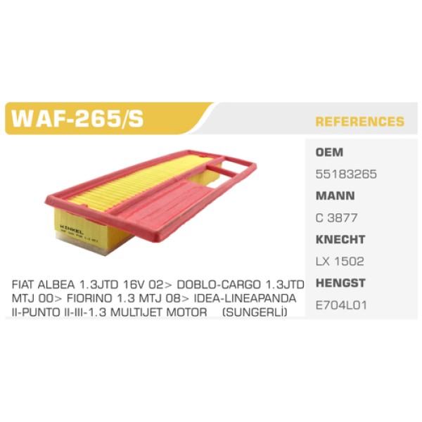 Winkel WAF-265S Hava Filtresi Fiat 500 Albea Linea Doblo Fiorino Idea Panda Punto Evo Combo Ka 1.3 JTD 1.3 CDTI Süngerli Kolı: 31 Ad 