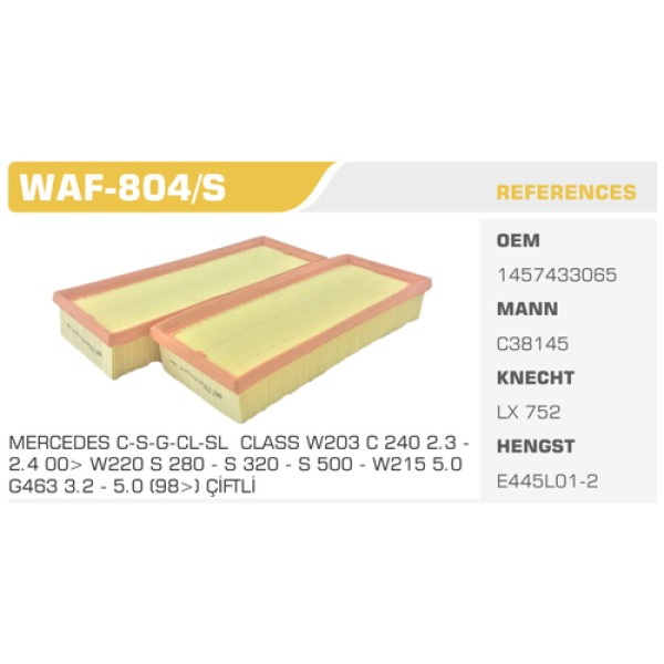 Winkel WAF-804S Hava Filtresi Mercedes C Seri Çiftli Kolı: 20 Ad