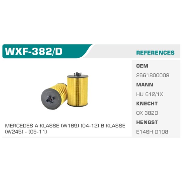 Winkel WXF-382D Yağ Filtresi Mercedes A Serisi A180 B Serisi B180 Kolı: 50 Ad