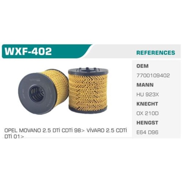 Winkel WXF-402 Yağ Filtresi Trafic Master Vivaro Movano 2.2 2.5 DTI Eco Kolı: 50 Ad FN0023