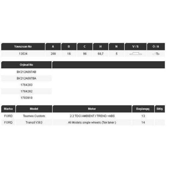 Yavuzsan 13534 Arka Fren Diski Transit V363 14-Custom 13-Transit Tek Teker 288 16 5Dl Adet 1764282