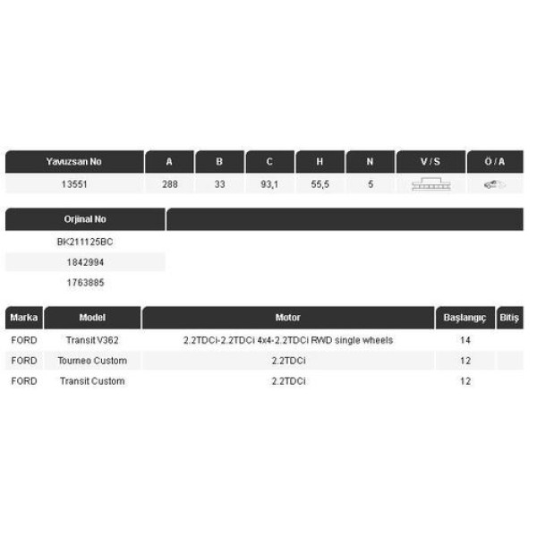 Yavuzsan 13551 Ön Fren Diski V362 14-Tourneo Custom 12-2.2TDCI 288X33X5Dl Havalı Adet 1763885 