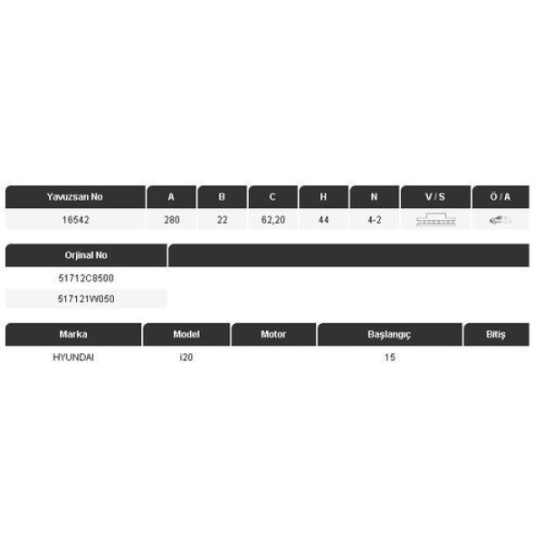 Yavuzsan 16542 Ön Fren Diski i20 14-Rio 11-280 44 4Dlk Adet 517121W000 
