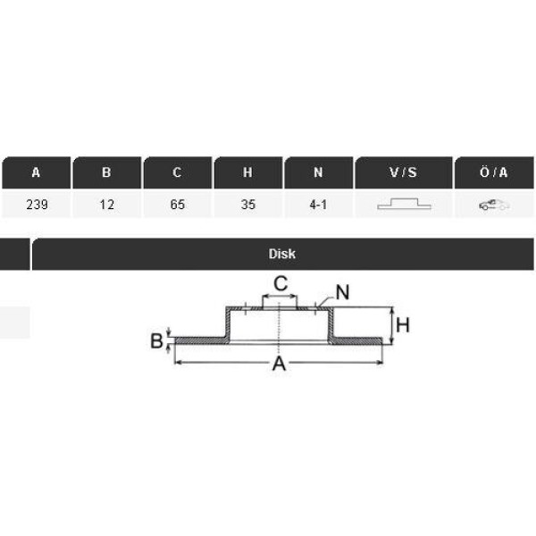Yavuzsan 36009 Ön Fren Diski Polo Clasıc 96-01 Golf 82-99 Jetta 82-91 Polo 95-01 Toledo 99-239X12X35.2X4 Dl Adet 171615301