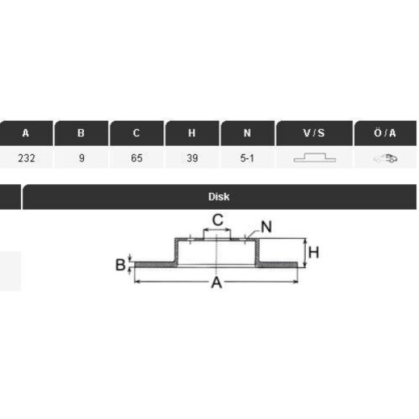 Yavuzsan 36115 Arka Fren Diski Golf IV Bora 05-Polo 01-A1 10-A3 01-Cordoba 09-Octavia 03-232X9X39.4X5 Dl Adet 