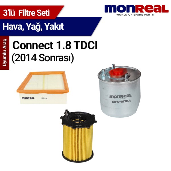 Ford Connect 1.8 TDCI 2014 Sonrası Filtre Seti (Hava-Yağ-Yakıt) MONREAL