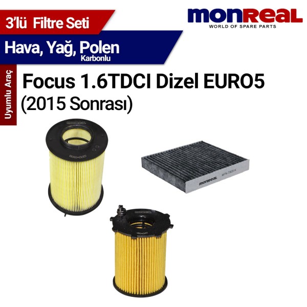 Focus 1.6TDCI Dizel EURO5 2015 Sonrası Filtre Seti (Hava-Yağ-Polen)-MONREAL