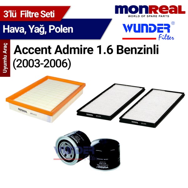 Accent Admire 1.6 Benzinli 2003-2006 Filtre Seti (Hava-Yağ-Polen) - MONREAL-WUNDER