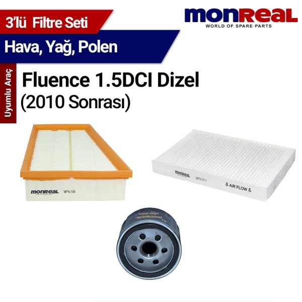 Fluence 1.5DCI Dizel 2010 ve Sonrası Filtre Seti (Hava-Yağ-Polen) - MONREAL 