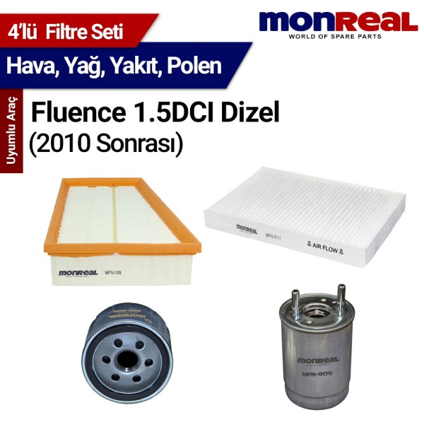 Fluence 1.5DCI Dizel 2010 ve Sonrası Filtre Seti (Hava-Yağ-Yakıt-Polen) - MONREAL