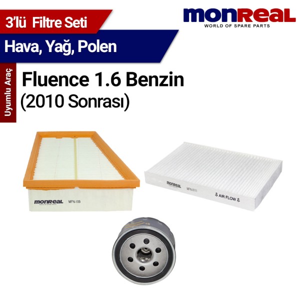 Fluence 1.6 Benzin 2010 ve Sonrası Filtre Seti (Hava-Yağ-Polen) - MONREAL