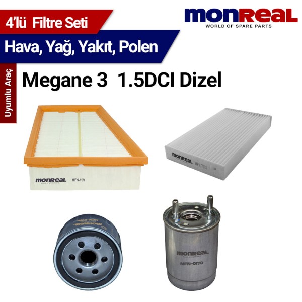 Megane 3 1.5DCI Dizel Filtre Seti (Hava-Yağ-Yakıt-Polen) - MONREAL