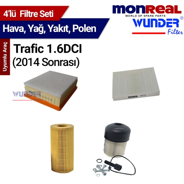 Trafic 1.6 DCI 2014 Sonrası Filtre Seti (Hava-Yağ-Yakıt-Polen) MONREAL-WUNDER